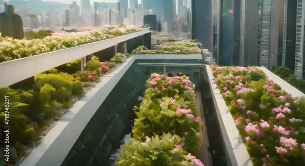 shot of clean modern city landscape with roofed buildings with flower gardens shot of clean modern city landscape with roofed buildings with flower gardens
