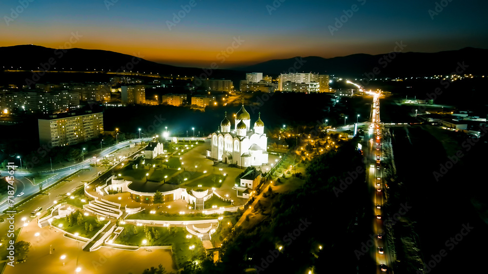 Gelendzhik, Russia. Cathedral of St. Andrew the First Called. Night time, Aerial View