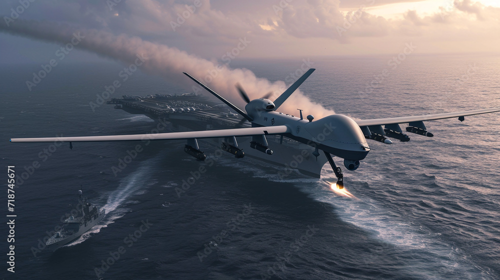 Naklejka premium A drone with a mounted missile flies over an aircraft carrier. Modern military equipment, kamikaze drone. War.