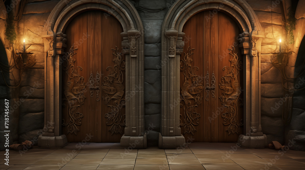 illustration in a gaming theme. Two mysterious wooden doors