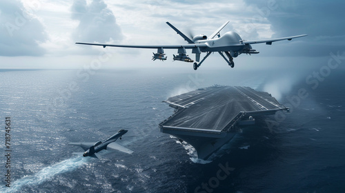 A drone with a mounted missile flies over an aircraft carrier. Modern military equipment, kamikaze drone. War.