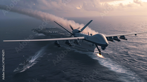 A drone with a mounted missile flies over an aircraft carrier. Modern military equipment, kamikaze drone. War.