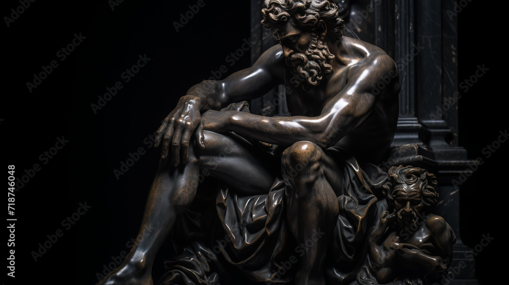 Antique sculpture of man with beard. Statue of a man and on a black background. Statue of David in the Vatican Museum, Rome, Italy. 