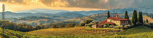 Sunset over the scenic hills of Tuscany with vineyards. Panoramic landscape with warm light. Agritourism and picturesque countryside concept for wallpaper
