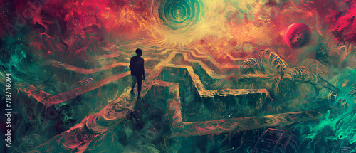 a person within a labyrinth, intricate details of the maze highlighted by ethereal colors and surreal elements