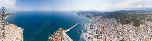 Kavala, Greece. Panoramic view of the city and port. Mountains and sea. Panorama 360. Aerial view photo