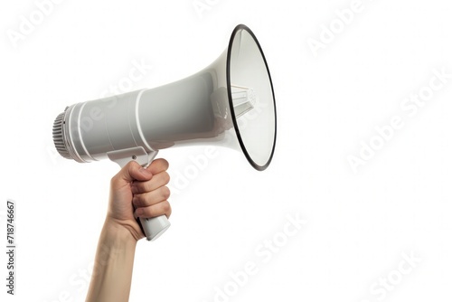 a hand holding a megaphone on white background, dynamic and attention-grabbing