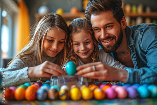 Father and children arranging colorful Easter eggs. Home celebration and family joy concept with copy space for greeting card and holiday invitation 