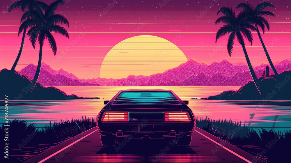  Summer vibes 80s style illustration with car driving at  sunset. 