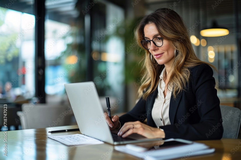 © Imagery Innovators - Busy mature mid aged business woman professional in her 40s writing notes finance report overview, lawyer checking document, working on laptop computer device sitting at desk in office. Generative AI