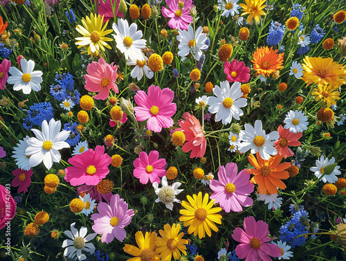 Colorful wildflower meadow in full bloom. Summer gardening and biodiversity concept with space for text 