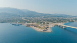 Patras, Greece. Rio Fortress. The Rio-Antirrio Bridge. Officially the Charilaos Trikoupis Bridge. Bridge over the Gulf of Corinth (Strait of Rion and Andirion), Aerial View
