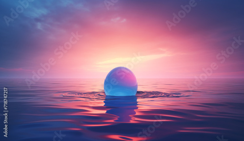3D render of a crystal ball floating in the sea at sunset. huge crystal sphere is swimming in the ocean (3d landscape rendering banner)