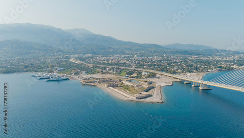 Patras, Greece. Rio Fortress. The Rio-Antirrio Bridge. Officially the Charilaos Trikoupis Bridge. Bridge over the Gulf of Corinth (Strait of Rion and Andirion), Aerial View