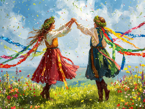 Traditional Slavic dance in a meadow. Folk culture and spring festival concept illustration for greeting card 