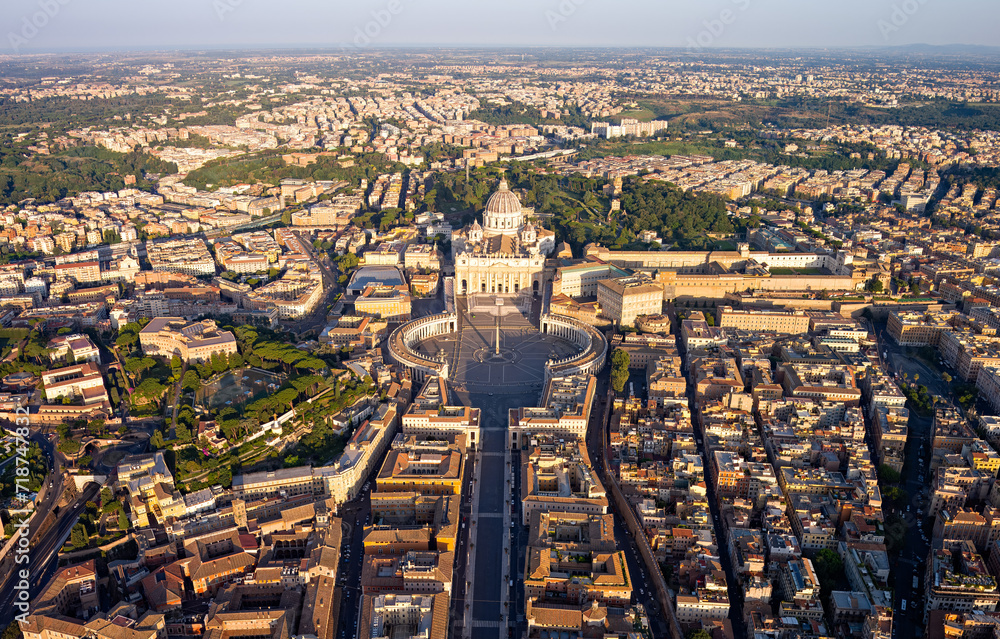 Rome, Italy. St. Peter's Cathedral - Basilica di San Pietro. Panorama of the city on a summer morning. Sunny weather. Aerial view