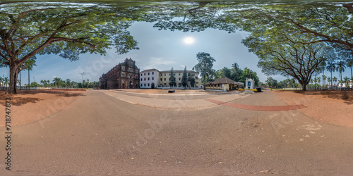full hdri 360 panorama of portugese catholic bom jesus basilica church in jungle among palm trees in Indian tropic village in equirectangular projection with zenith and nadir. VR AR content photo