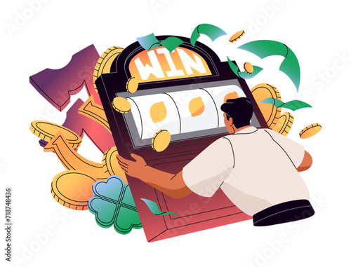 Lucky gambler plays slot or fruit machine. Online casino. Player bets, spins chance game 777. Fortune man wins jackpot. Gambling industry. Flat isolated vector illustration on white background