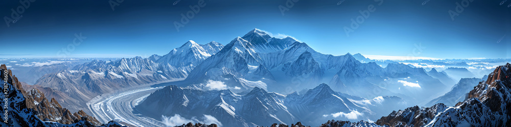 Glacial mountain peaks with panoramic view. Cold winter landscape for nature background and travel concept
