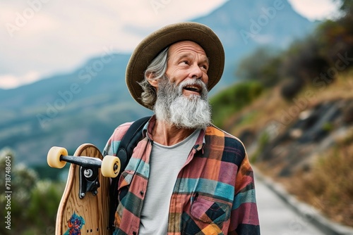 Active cool happy bearded old hipster man standing in nature park holding skateboard. Mature traveler skater enjoying freedom spirit and extreme sports hobby on mountains background, Generative AI