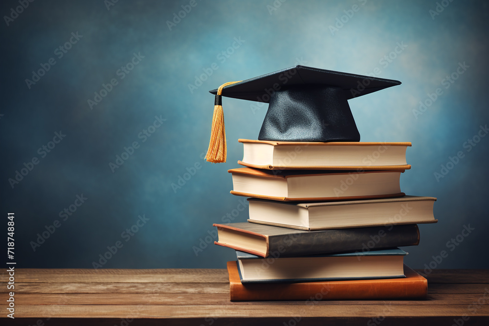 Graduation cap on stack of books on wooden table with blackboard ...