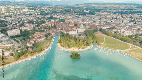 Annecy, France. Historical city center with the Thiou river. Annecy is a city in the Alps in southeastern France, Aerial View