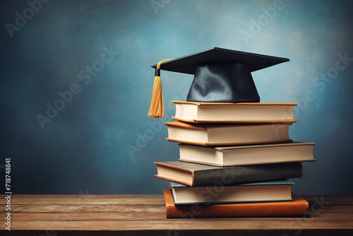 Graduation cap on stack of books on wooden table with blackboard background. Graduation cap above stack books with degree paper on wooden table