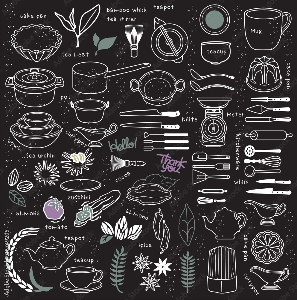 A set of illustrations that can be used for cafe menu blackboards. Pots, cooking utensils, tableware, cups, etc.white line artwork