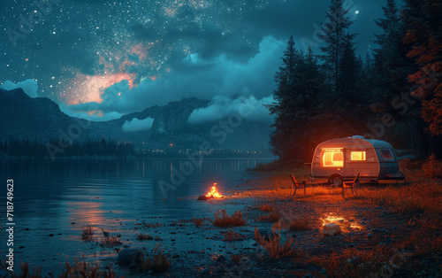 Retro camper van and campfire on lake shore at night. Camping at dusk a dark night time campsite