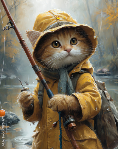 Cat is fishing in yellow raincoat. Cat on fishing trip catart photo