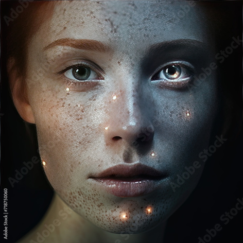 Exquisite portrait of a beautiful freckled girl, bathed in sunlight against a dark backdrop, accentuating her natural charm
