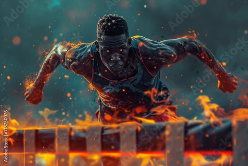 An African American running on a treadmill in flames photo