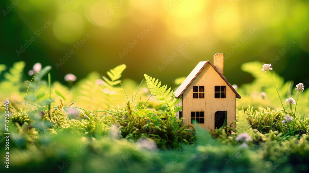 Model house in the meadow with grass and daisies in the evening.Green and environmentally friendly housing concept. Model house in the meadow with grass and daisies in the evening.Green and environmentally friendly housing concept.