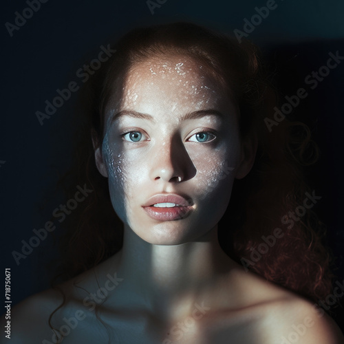 Exquisite portrait of a beautiful freckled girl, bathed in sunlight against a dark backdrop, accentuating her natural charm