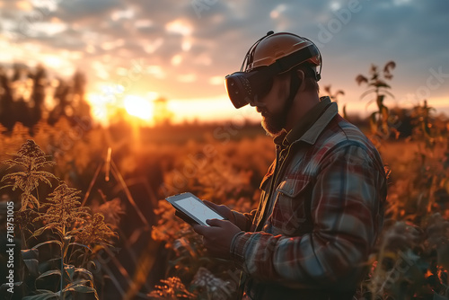 Male farmer using gadget Fpv helmet and tablet while standing in a field