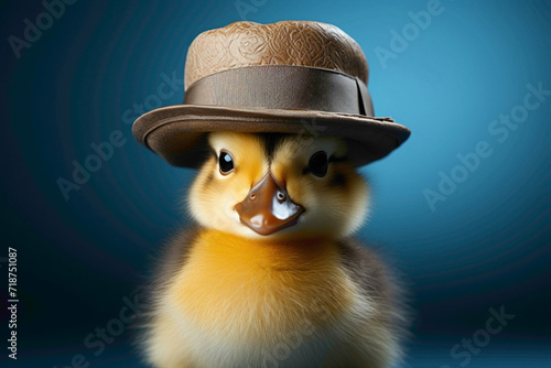 A tiny duckling in a stylish hat, waddling happily against a soothing blue background.