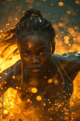 An African-American woman running on a treadmill on fire photo