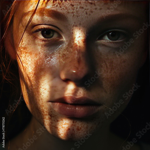 Exquisite portrait of a beautiful freckled girl, bathed in sunlight against a dark backdrop, accentuating her natural charm
