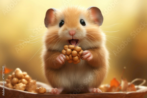 A tiny hamster stuffing its cheeks with seeds, captured mid-chew in exquisite detail, with its tiny paws delicately holding onto the tasty morsels. photo