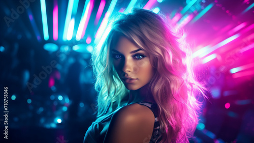 Beauty girl on disco party in neon light