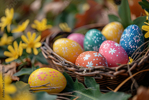 Colorful painted Easter eggs nestle in a basket amidst flowers and leaves, creating a vibrant spring ambiance