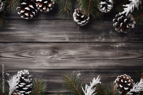 Festive composition with snowy wood texture, evergreen branches, and cones. Generative AI