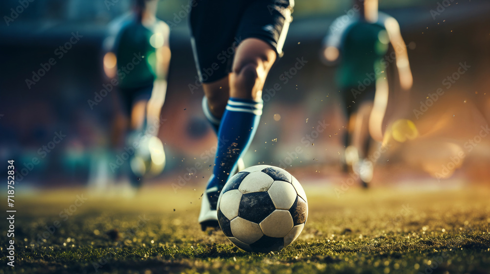 Fototapeta premium Soccer player in action kicking the ball on the field of stadium. AI Generative