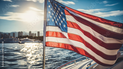 American flag on the sailboat at sunset. American flag on the yacht. Generative AI photo