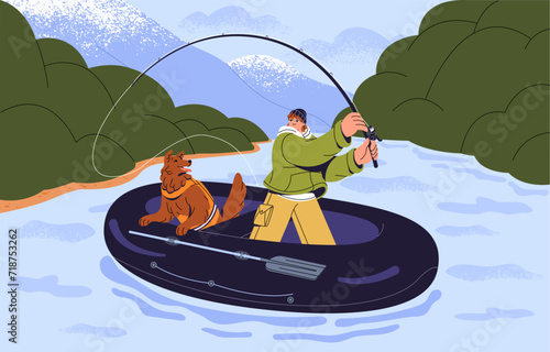 People fishing in river on summer vacation. Happy fisherman with rod catches fish. Guy angling with fluffy dog in inflatable boat. Man spend time with pet. Fishery hobby. Flat vector illustration