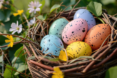 Colorful painted Easter eggs nestle in a basket amidst flowers and leaves, creating a vibrant spring ambiance