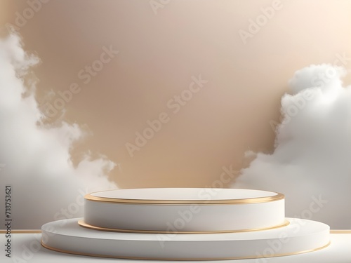 Abstract scene of white, gold podium with fluffy cloud background. 3D rendering illustration with copy space for mock up, display, showcase, backdrop, product placement © Matcha