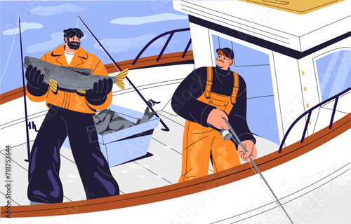 People in rubber jumpsuits angling. Adult men in fisher uniform with rod catch big fish. Professional fishermen float on ship, fishing in river. Industrial fishery on sea. Flat vector illustration