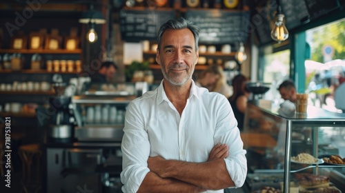 Cafe entrepreneur male smiling happy working in modern coffee shop, Hispanic 40s man standing at counter bar barista interacting with customers. Busy morning atmosphere, small business owner lifestyle