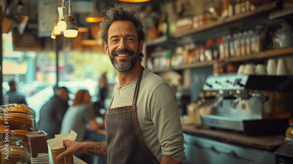 Cafe entrepreneur male smiling happy working in modern coffee shop, Hispanic 40s man barista standing at counter interacting with customers. lively morning atmosphere small business owner lifestyle Cafe entrepreneur male smiling happy working in modern coffee shop, Hispanic 40s man barista standing at counter interacting with customers. lively morning atmosphere small business owner lifestyle